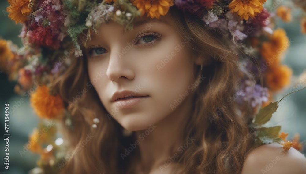 a girl adorned with jewelry made of living flowers and leaves, conveying the beauty and transience of nature.