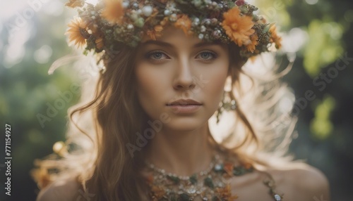 a girl adorned with jewelry made of living flowers and leaves, conveying the beauty and transience of nature. photo