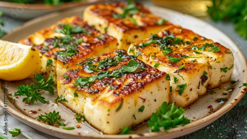 A plate of grilled halloumi cheese with a lemon wedge and fresh herbs photo