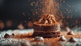 A puff of cocoa powder being sprinkled over a dessert