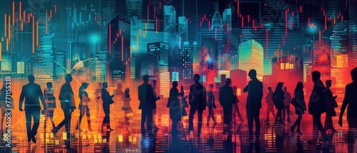 Silhouettes of Business People in Urban Landscape with Abstract Financial Graph Overlays