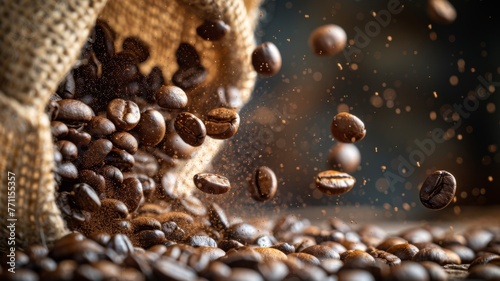 A scattering of roasted coffee beans bouncing off a burlap sack