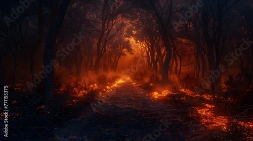Enchanting Pathway through Ominous Autumn Forest Ablaze with Fiery Glow and Mysterious Shadows © lertsakwiman