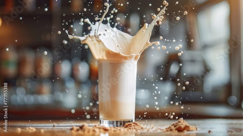 A scoop of whey protein powder splashing into a shaker of milk photo