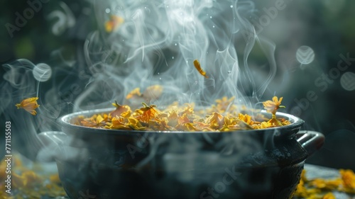 A steaming pot of aromatic herbal tea with loose leaves swirling