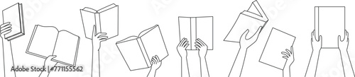 Book in hands, back to school, literature and textbook sharing, bookcrossing, education and knowledge concept, vector illustration. Diverse hands holding books, culture festival, library day, book day