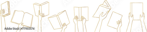 Book in hands, back to school, literature and textbook sharing, bookcrossing, education and knowledge concept, vector illustration. Diverse hands holding books, culture festival, library day, book day