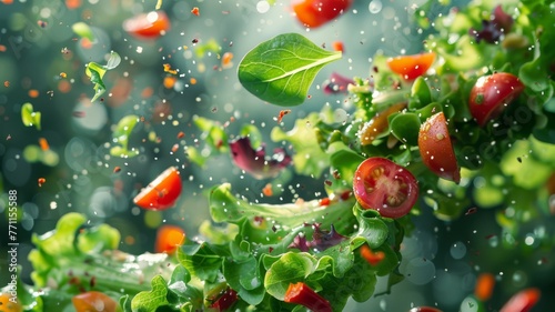 A vibrant salad being tossed, with lettuce leaves and veggies in mid-air