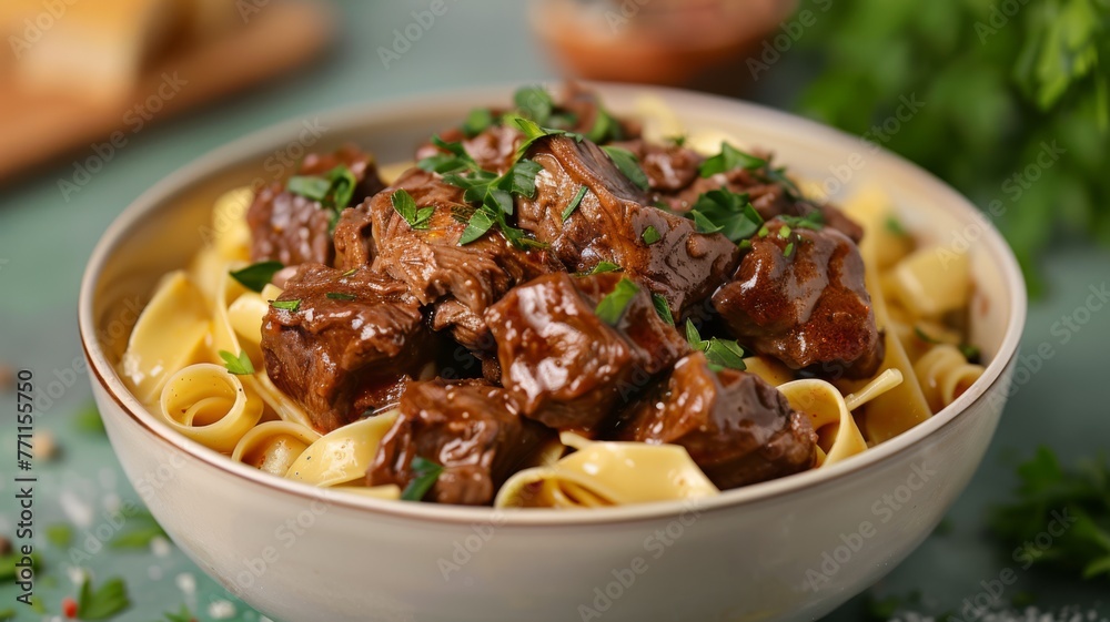 A bowl of beef stroganoff over egg noodles with parsley A bowl of beef stroganoff over egg noodles with parsley