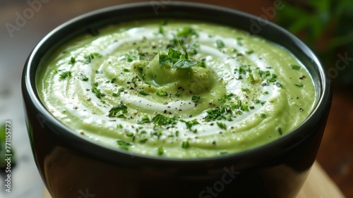 A bowl of chilled avocado and cucumber soup with yogurt swirl