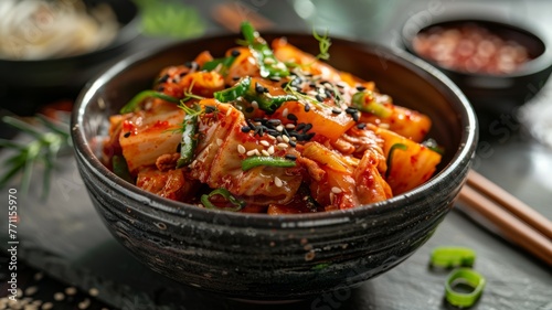 A bowl of spicy Korean kimchi with chopsticks on the side