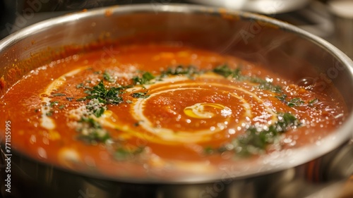 A bubbling pot of tomato basil soup with a swirl of cream