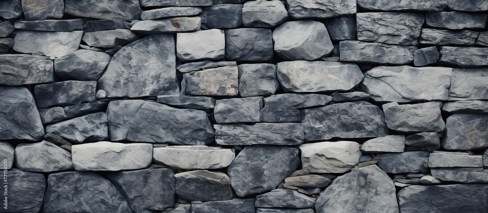 Closeup of a grey stone wall made of large bedrock rectangular stones, commonly used as building material for walls, flooring, and road surfaces