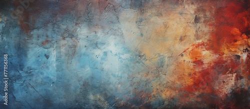 A close up of a painting with an electric blue and red background, showcasing a beautiful pattern of tints and shades inspired by meteorological phenomena