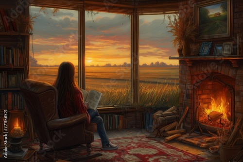 A girl reads a book near an open window, sitting in a chair.