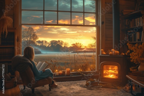 A girl reads a book near an open window, sitting in a chair. © Сергей Косилко