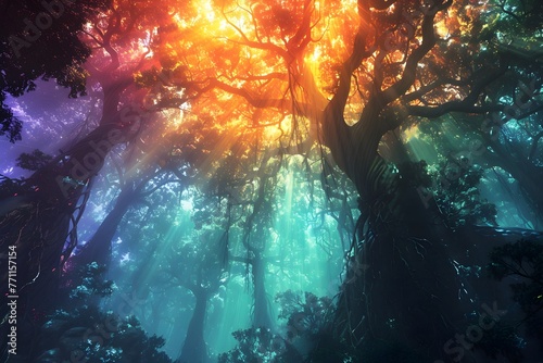 Ethereal Forest Shrouded in Vibrant Mist,Jewel-Toned Roots Dancing in an Unseen Void