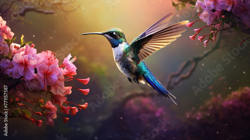 Delightfully beautiful bird hummingbird in flight over flowering © TheJakirEffect