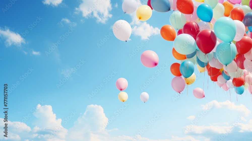 A sky filled with colorful balloons at a festive event creating a lively and minimalist scene against a clear blue sky AI generated illustration