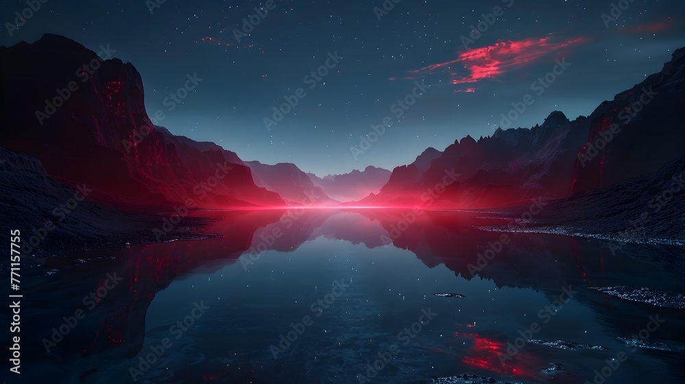 Ethereal Reflection of Crimson Skies over a Serene Mountain Lake at Nightfall