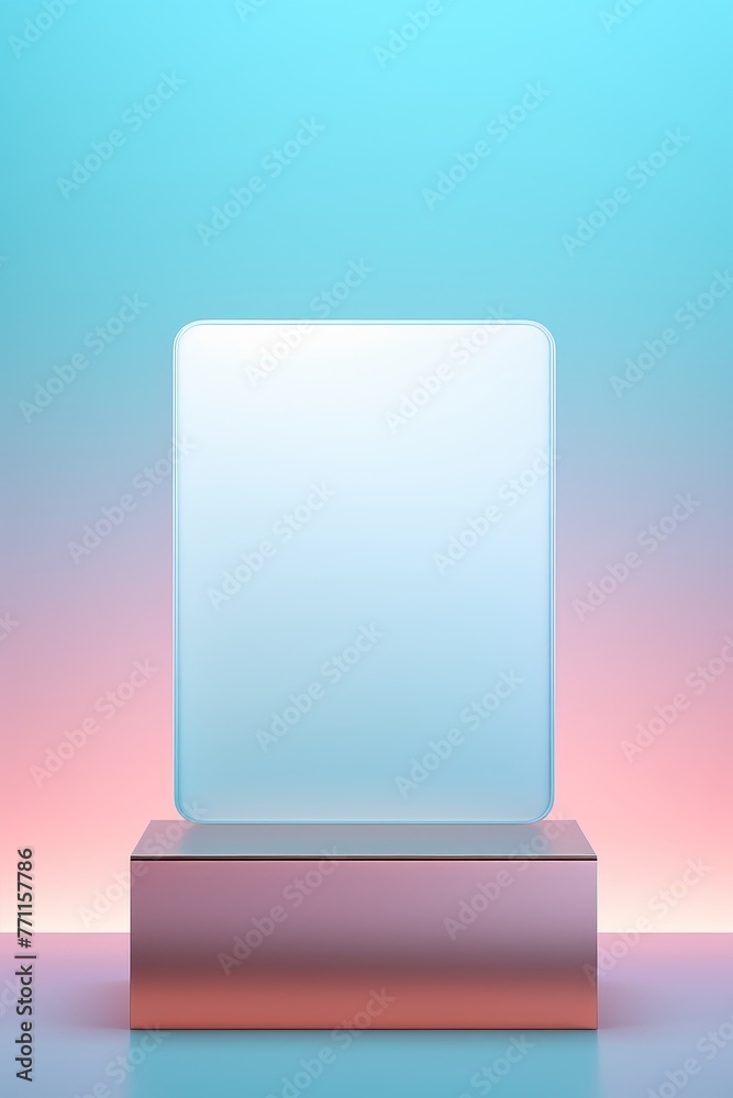 A sleek square podium on an abstract pastel blue and white gradient background AI generated illustration A sleek square podium on an abstract pastel blue and white gradient background AI generated illustration