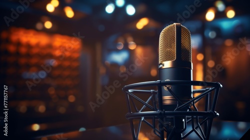 A sleek modern professional microphone installed in a busy radio station studio AI generated illustration