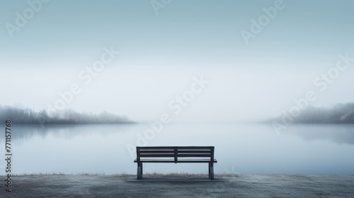 A solitary bench overlooking a fog-covered lake creating a peaceful and contemplative minimalist scene AI generated illustration © Olive Studio