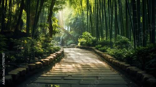 A sunlit path cutting through a dense bamboo forest creating a tranquil and minimalist image of vibrant greenery  AI generated illustration