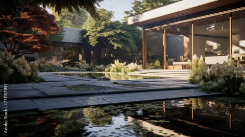 A tranquil backyard with a reflecting pool  AI generated illustration