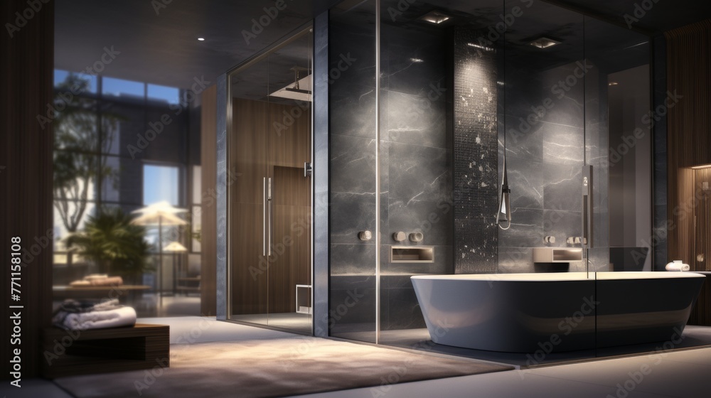 A visualization of a luxurious modern spa bathroom with accents of marble and an indulgent steam shower AI generated illustration A visualization of a luxurious modern spa bathroom with accents of marble and an indulgent steam shower AI generated illustration