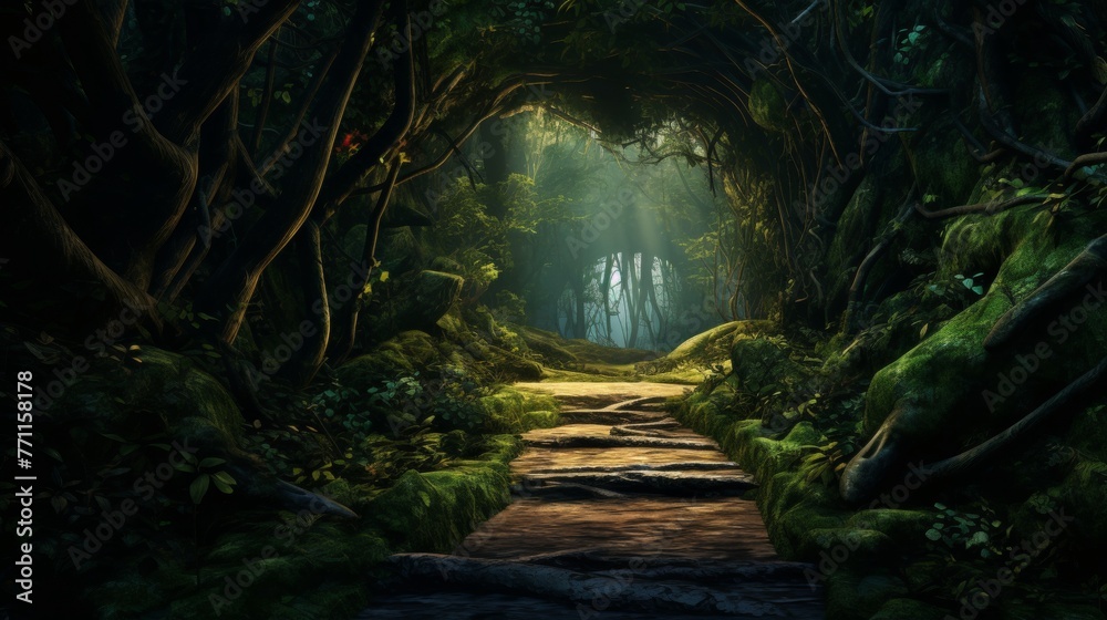 A winding road cutting through a dense forest with towering trees creating a natural tunnel in a minimalist woodland setting  AI generated illustration