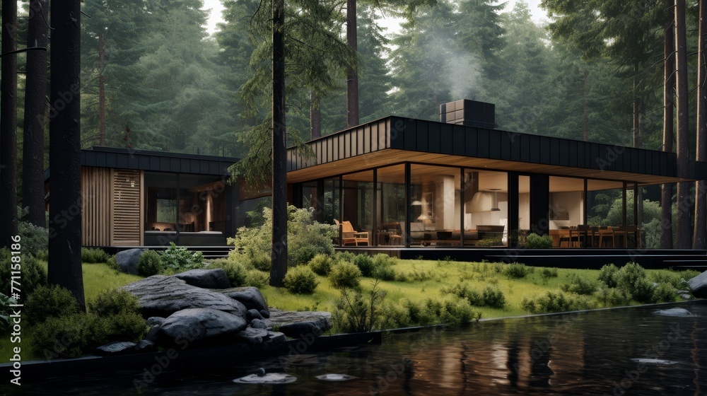 Obraz premium A wooden house with a metal roof set in the tranquil atmosphere of a Scandinavian forest AI generated illustration