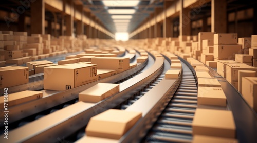 A vivid depiction of a row of cardboard boxes moving endlessly on a conveyor belt  AI generated illustration