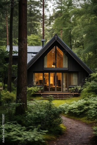 A wooden house with a metal roof set in the tranquil atmosphere of a Scandinavian forest AI generated illustration