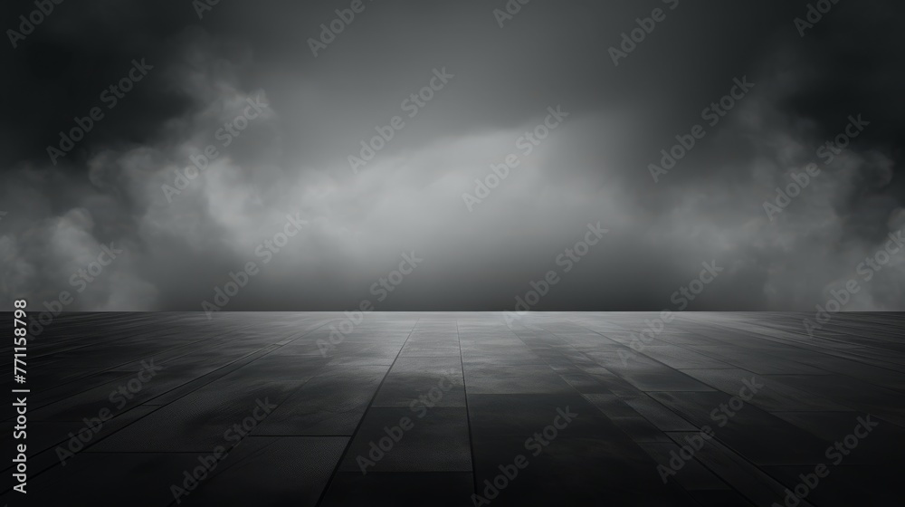 Abstract image of dark room concrete floor Black room or stage background for product cloudiness mist or smog moves on black background AI generated illustration - obrazy, fototapety, plakaty 