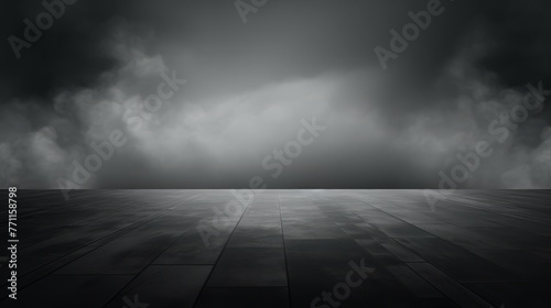 Abstract image of dark room concrete floor Black room or stage background for product cloudiness mist or smog moves on black background AI generated illustration photo