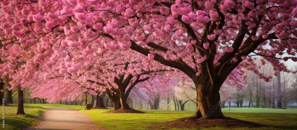 A row of cherry blossom trees in a park, with pink flowers blooming on the branches, creating a stunning natural landscape against the green grass