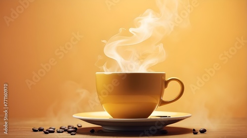 cup of coffee with smoke, Peach-toned steam and a cup of coffee with a saucer linger in the air.
