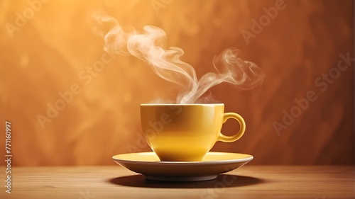 cup of coffee with smoke, Peach-toned steam and a cup of coffee with a saucer linger in the air.