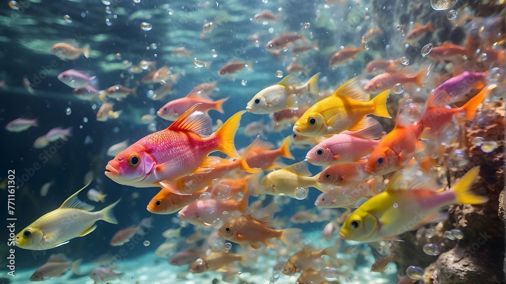 fish swimming in aquarium, There are lots of shimmering air bubbles all around as a school of vibrant fish swims calmly next to one another in the crystal clear waters.