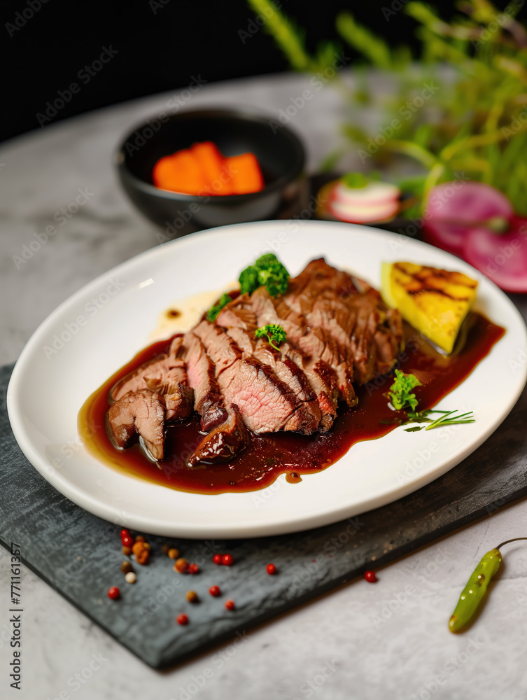 A plate of sauce beef,created with Generative AI tecnology. A plate of sauce beef,created with Generative AI tecnology.