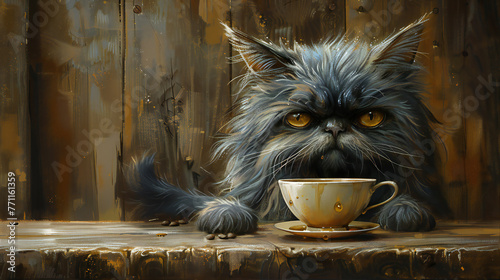 A Grumpy Cat Finds Solace in His Morning Coffee photo