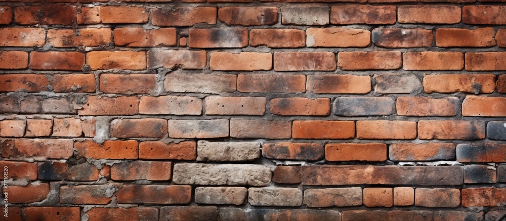 Obraz premium A detailed shot showcasing the intricate art of bricklaying on an aged brown brick wall. The facade highlights the beauty of this durable composite building material