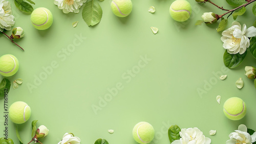 Tennis ball and pretty flowers, copy Green banner background with space,テニスボールと可愛い花、コピー スペースのある緑のバナーの背景,Generative AI	