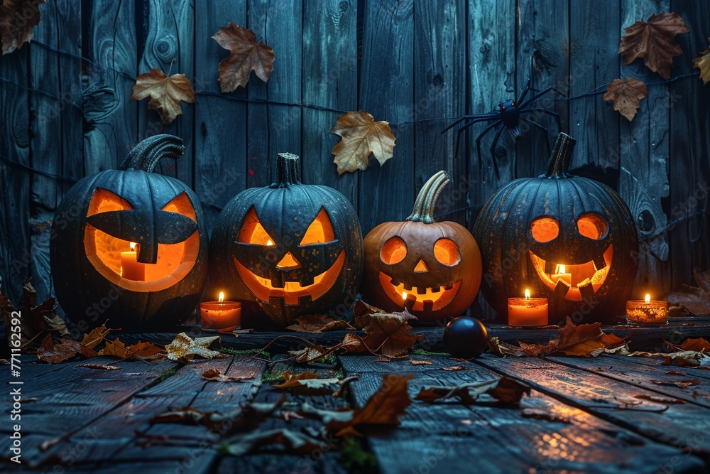 Obraz premium Halloween night eerie Jack O Lanterns on weathered wooden wall soft glow creepy shadows wide angle