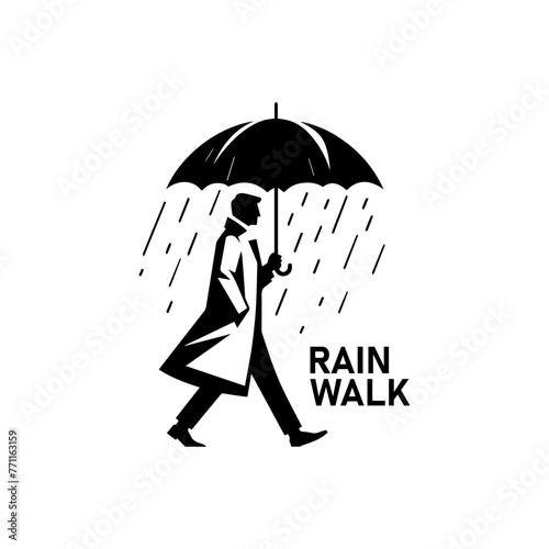 Man in raincoat walking in the rain holding umbrella vector illustration