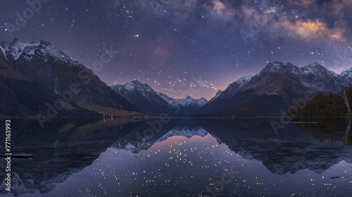 A tranquil lake surrounded by towering mountains their peaks capped with a blanket of snow under the glittering constellations. . . © Justlight