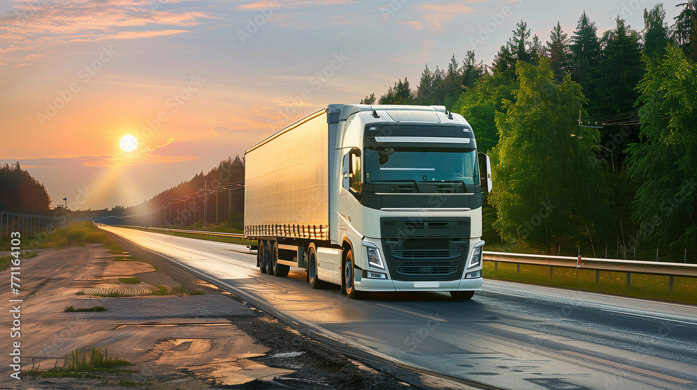 A large semi truck travels down a rural road, surrounded by fields and trees on a sunny day