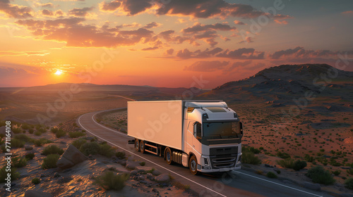 A semi truck travels down a road lined with trees, bathed in the warm light of the setting sun