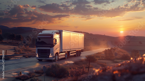 A semi truck drives down a rural road as the sun sets, casting a warm glow on the landscape